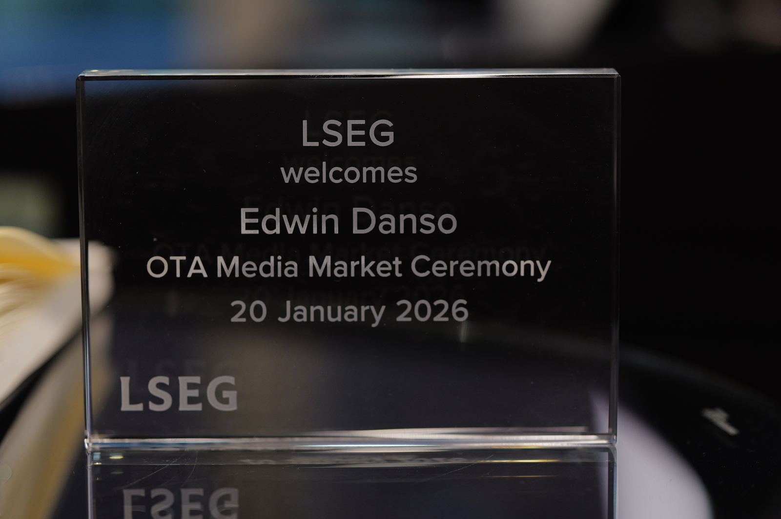 LSEG welcome plaque: LSEG welcomes Edwin Danso, OTA Media Market Ceremony, 20 January 2026